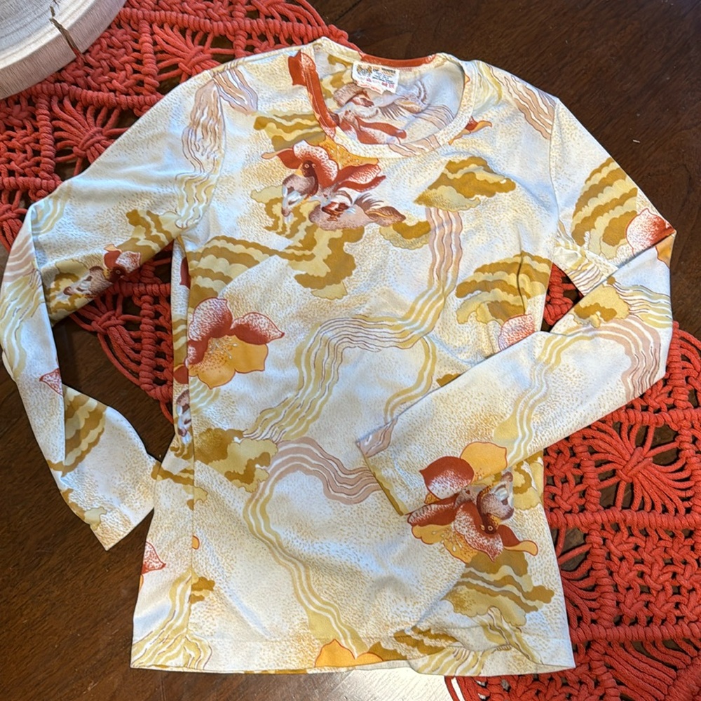 HOUSE of JADE vintage print t-shirt ladies size small 100% nylon super trendy